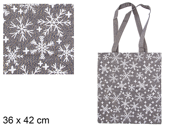 Saco de tecido de Natal azul marinho/dourado decorado com flocos de neve 36x42 cm