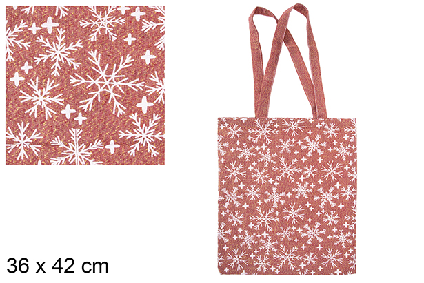 Sac en tissu de Noël rouge/or décoré de flocons de neige 36x42 cm