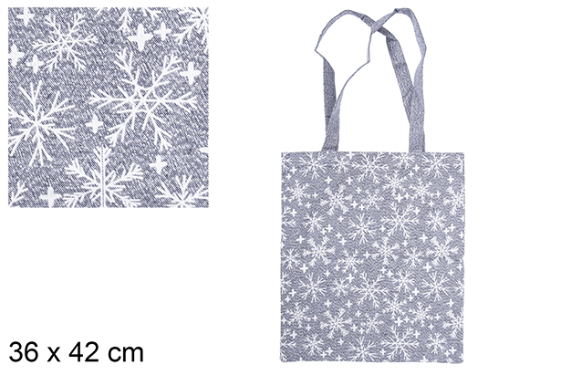 Borsa natalizia in tessuto blu navy/argento decorata con fiocchi di neve 36x42 cm