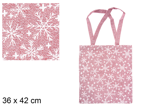 Bolsa tela Navidad rojo/plata decorada copos de nieve 36x42 cm