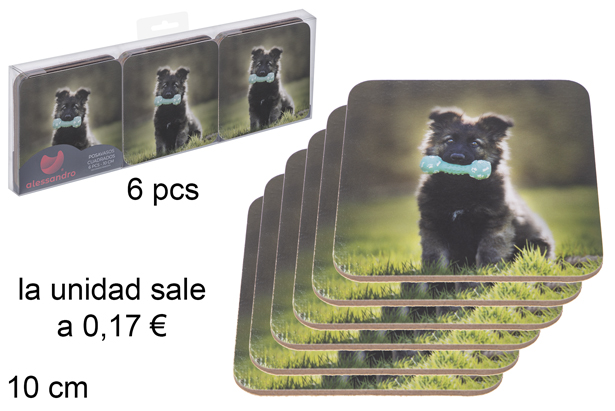 Pack 6 squared coaster decorated animals 10 cm