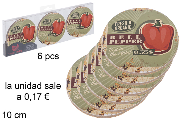 Pack 6 porta-copos redondo bell pepper decorados 10 cm
