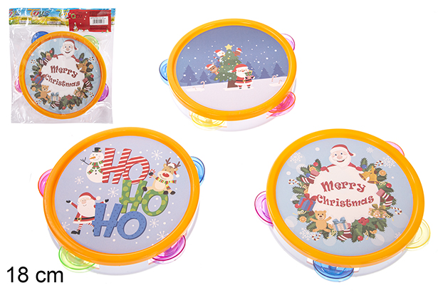 Pandereta Navidad plástico decorada Papa Noel 18 cm