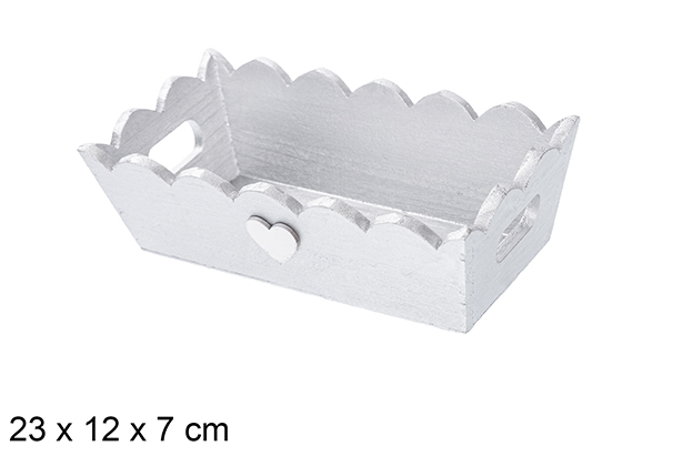 [115902] Bandeja de Natal de madeira ondulada prata decorada com coraçâo 23x12x7 cm