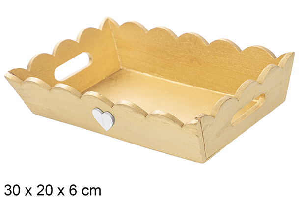 Bandeja de Natal de madeira ondulada ouro decorada com coraçâo 30x20x6 cm