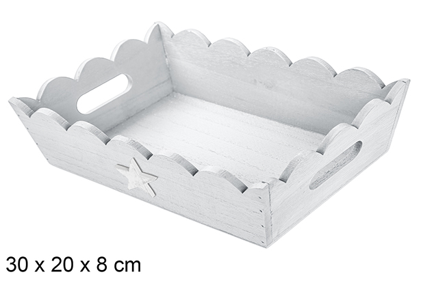 [115926] Bandeja madera ondulada Navidad decorada estrella color plata 30x20x8 cm