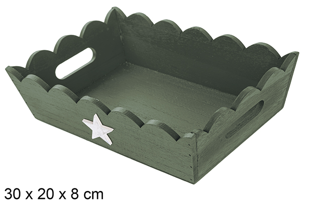 [115928] Green corrugated wooden Christmas tray decorated with star 30x20 cm