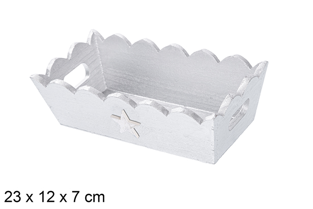 [115930] Bandeja madera ondulada Navidad decorada estrella color plata 23x12x7 cm