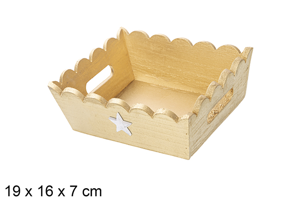 [115933] Plateau de Noël en bois ondulé doré décoré d'étoile 19x16x7 cm