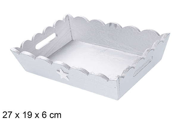 [115946] Bandeja madera ondulada Navidad decorada estrella color plata 27x19x6 cm