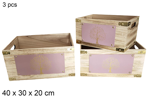 [115956] Pack 3 caisses en bois vintage décor arbre violet 40x30x20 cm
