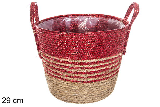 Cesta seagrass forrada natural/rojo con asas 29 cm