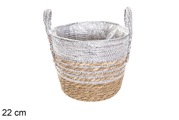 Cesta seagrass forrada natural/plata con asas 22 cm