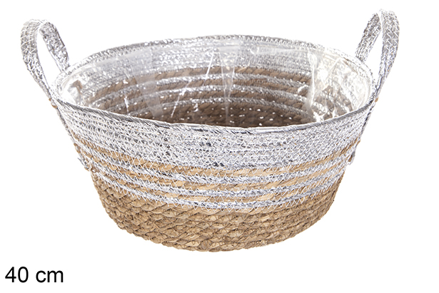 Cesto de ervas marinhas forrado a natural/prateado com asas 40 cm