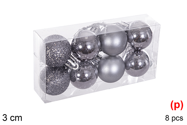 Pack 8 bolas gris brillo/mate/purpurina 3 cm