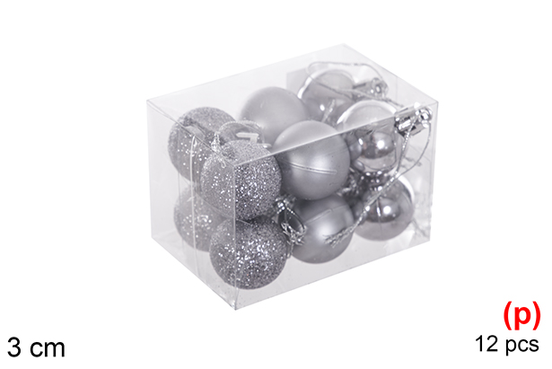 Pack 12 bolas cinzentas brilhantes/mate/glitter 3 cm