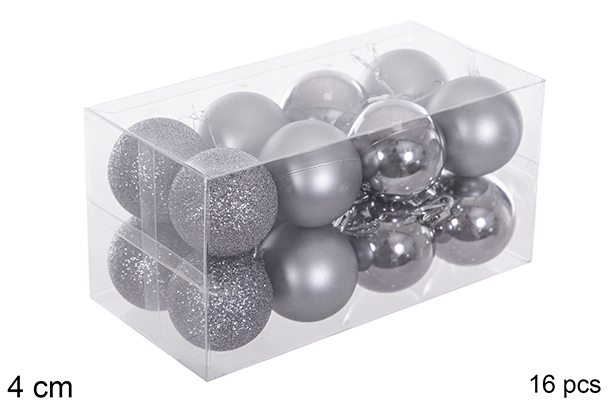 Pack 16 bolas gris brillo/mate/purpurina 4 cm