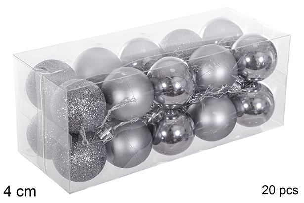 Pack 20 boules grises brillantes/mates/pailletées 4 cm