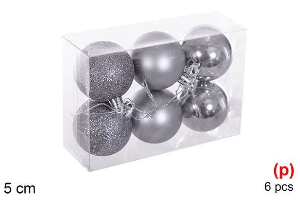 Pack 6 palline grigie lucide/opache/glitter 5 cm
