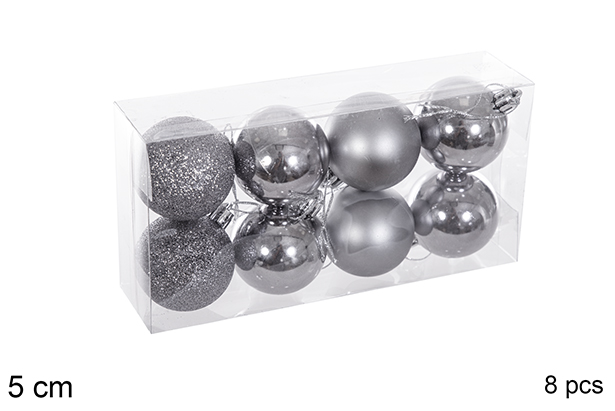 Pack 8 boules grises brillantes/mates/pailletées 5 cm