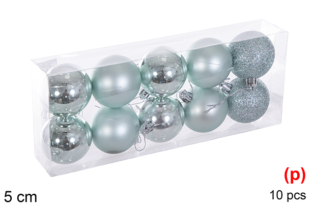 Pack 10 boules vert menthe brillant/mat/paillettes 5 cm
