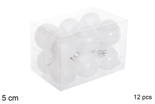 Pack 12 boules blanches brillantes/mates/pailletées 5 cm