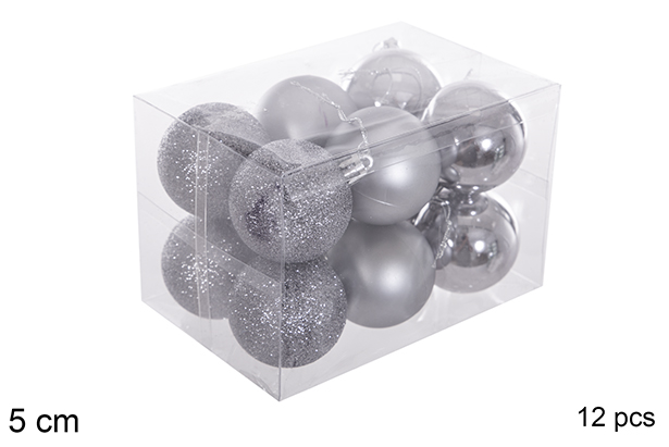 Pack 12 bolas gris brillo/mate/purpurina 5 cm