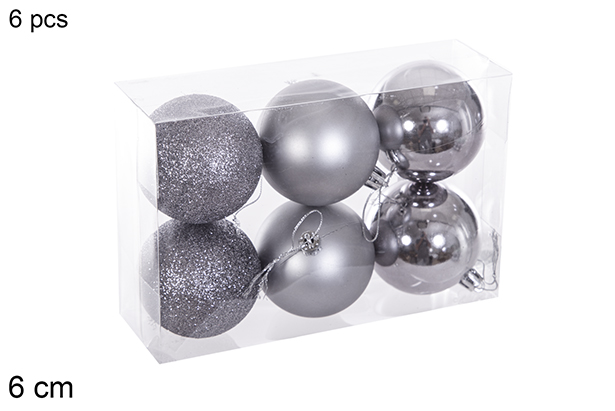 Pack 6 bolas gris brillo/mate/purpurina 6 cm