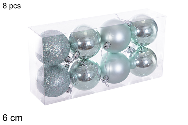 Pack 8 boules vert menthe brillant/mat/paillettes 6 cm
