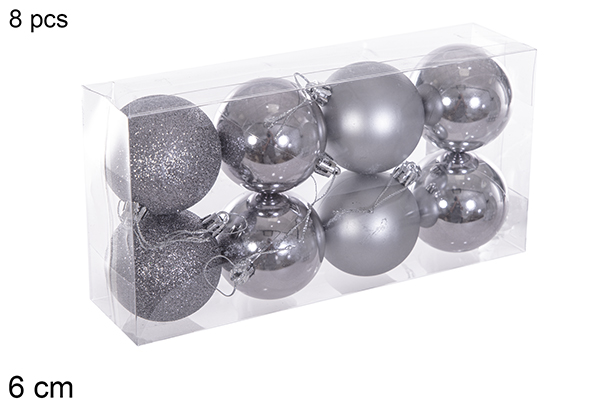 Pack 8 palline grigie lucide/opache/glitterate 6 cm