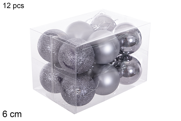 Pack 12 palline grigie lucide/opache/glitterate 6 cm