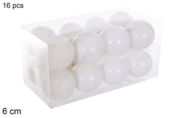 Pack 16 bolas blanca brillo/mate/purpurina 6 cm