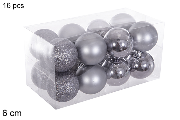 Pack 16 bolas cinzento brilhante/mate/brilhante 6 cm