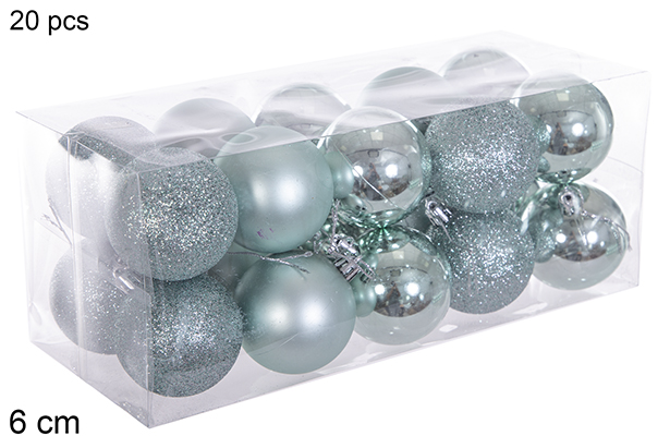 Pack 20 mint green glossy/matt/glitter balls 6 cm