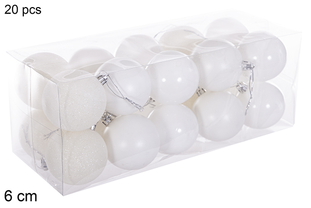 Pack 20 white gloss/matte/glitter balls 6 cm