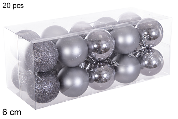 Pack 20 boules grises brillantes/mates/pailletées 6 cm