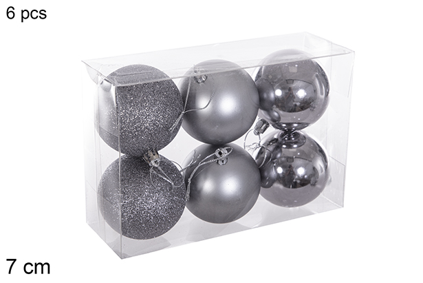 Pack 6 grey gloss/matte/glitter balls 7 cm