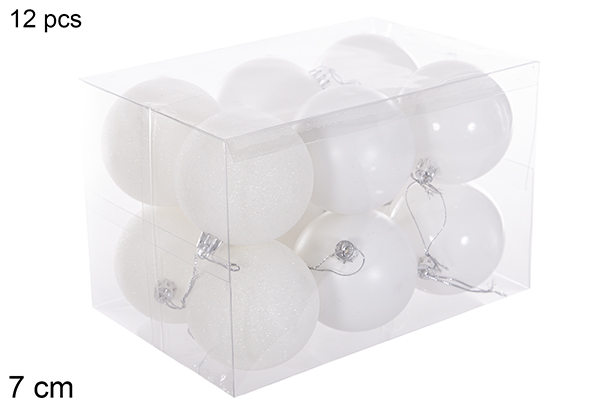 Pack 12 palline bianche lucide/opache/glitterate 7 cm