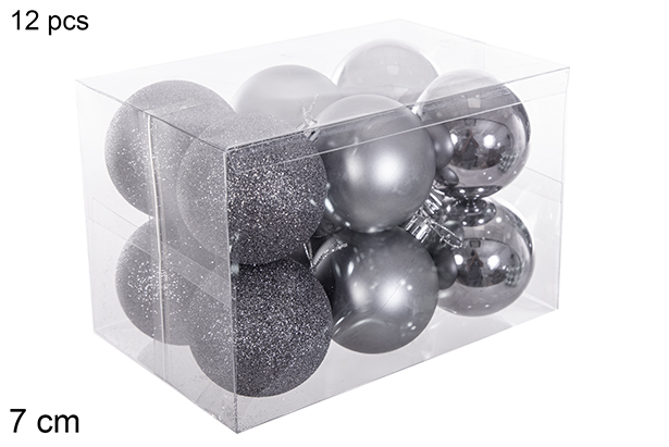 Pack 12 bolas gris brillo/mate/purpurina 7 cm