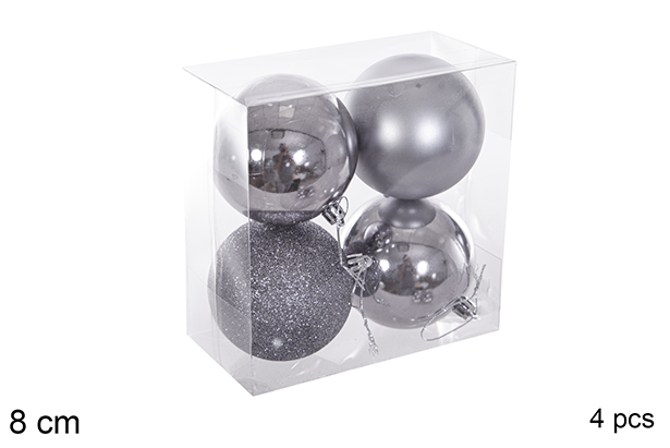 Pack 4 grey gloss/matte/glitter balls 8 cm