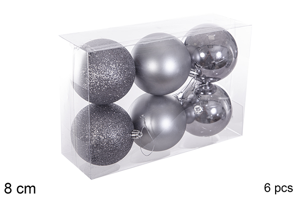 Pack 6 bolas gris brillo/mate/purpurina 8 cm
