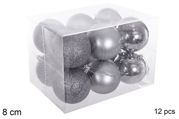 Pack 12 bolas gris brillo/mate/purpurina 8 cm