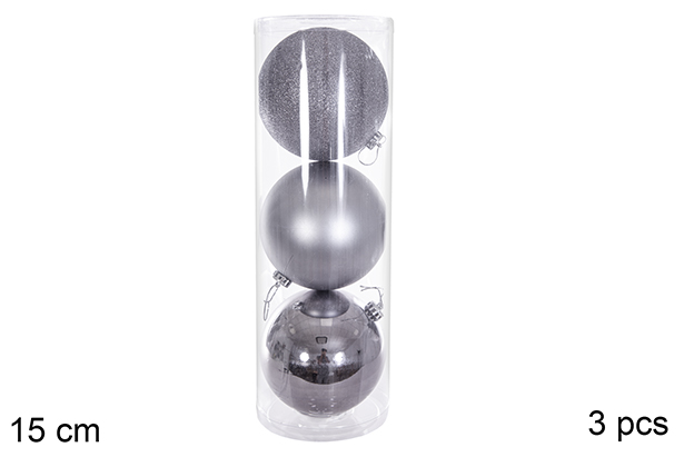 Pack 3 bolas gris brillo/mate/purpurina 15 cm