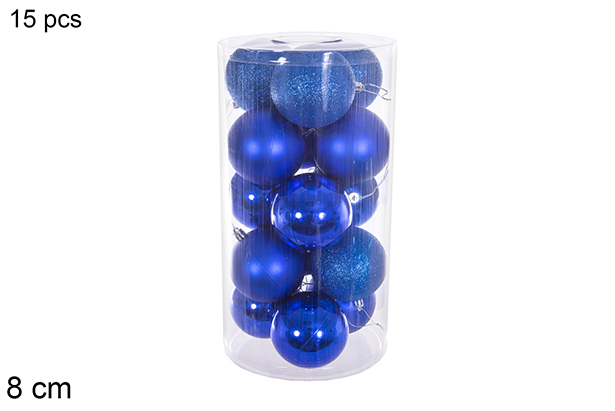Pack 15 blue glitter/matte/glitter balls in cylinder 8 cm 