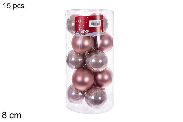 Pack 15 bolas oro rosa brillo/mate cilindro 8 cm