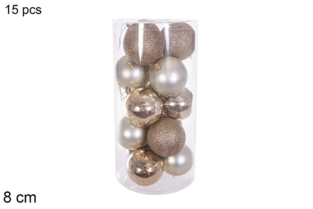 Pack 15 bolas champanhe brilhantes/mate/glitter em cilindro 8 cm