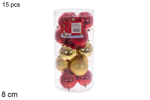 Pack 15 bolas oro/roja brillo/mate/purpurina surtidos cilindro 8 cm