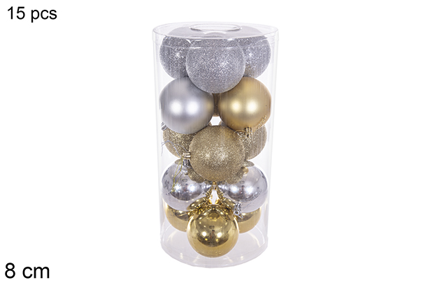 Pack 15 palline assortite oro/argento lucide/opache/glitter in un cilindro 8 cm