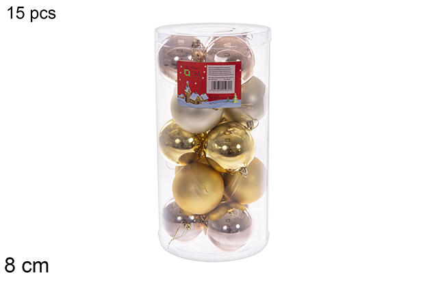 Pack 15 bolas oro/champagne brillo/mate surtidos cilindro 8 cm