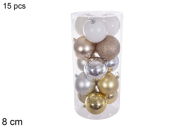 Pack 15 bolas oro/plata/champagne brillo/mate/purpurina surtidos cilindro 8 cm